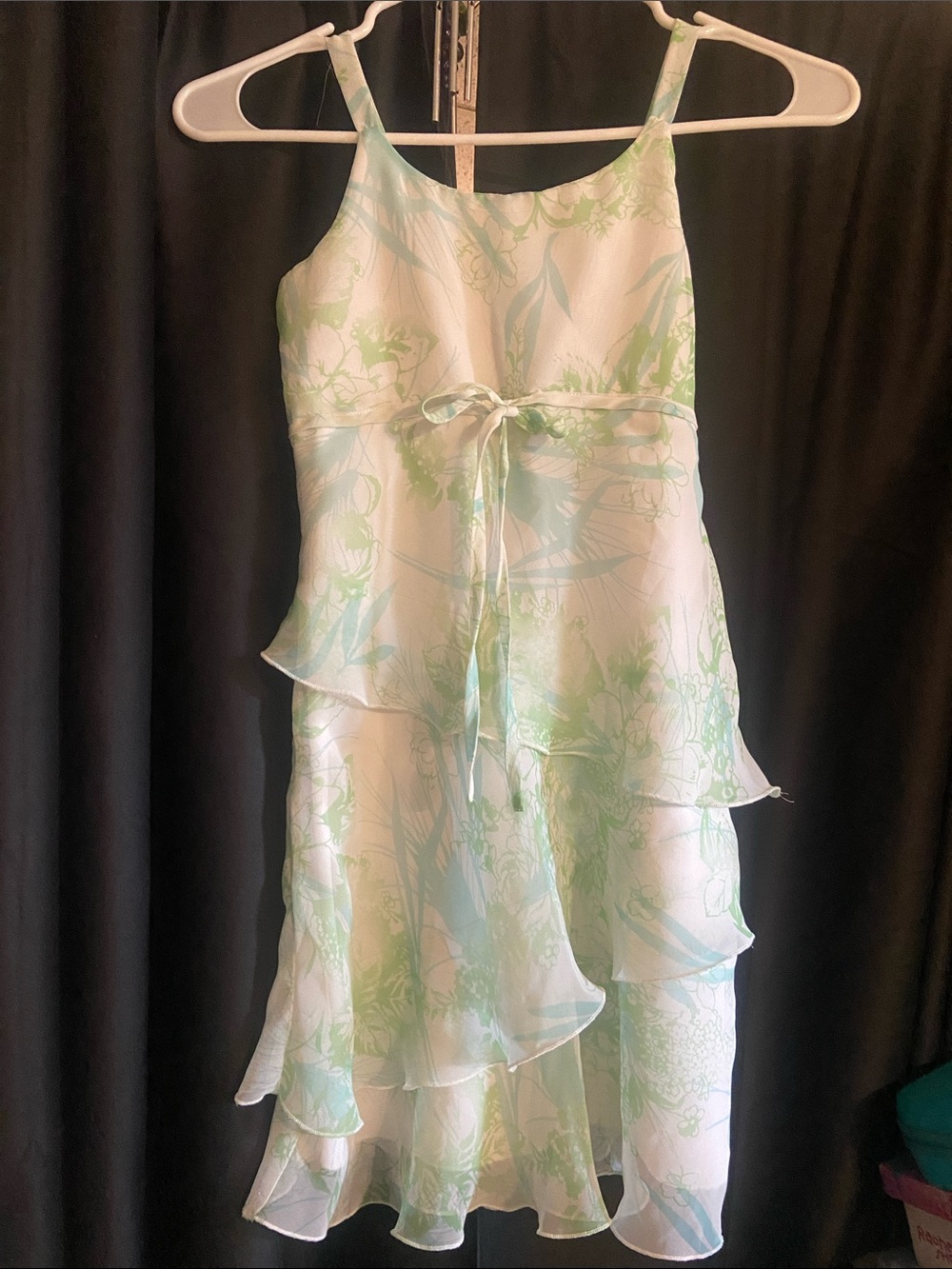 Hype Light Green and Pale Blue Floral Tiered Dress with Waist Tie